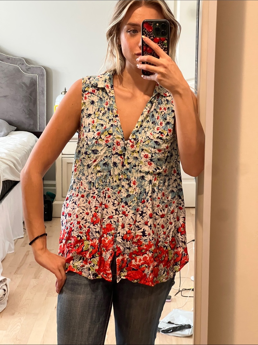 Anthropology Floral Sleeveless V-Neck Blouse - Red, Blue, White - Picture 1 of 5